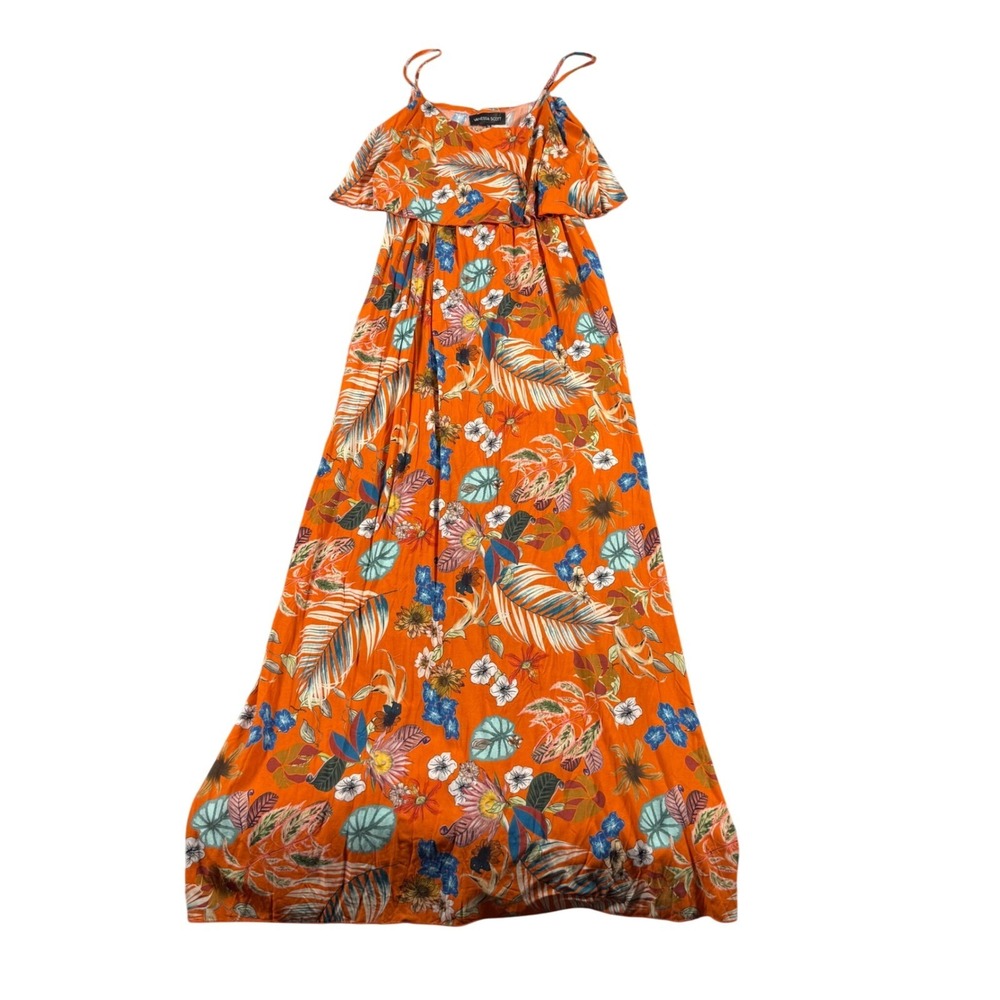 Vanessa Scott Orange Tropical Floral Ruffle Maxi Dress Made in Italy Medium